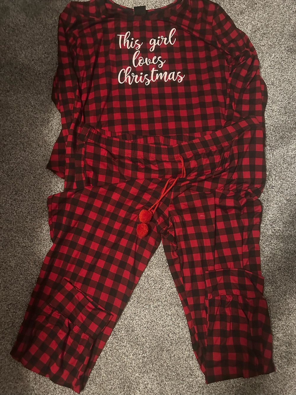 Women's Red Buffalo Check Pajama Set with Pom-Tie Waist